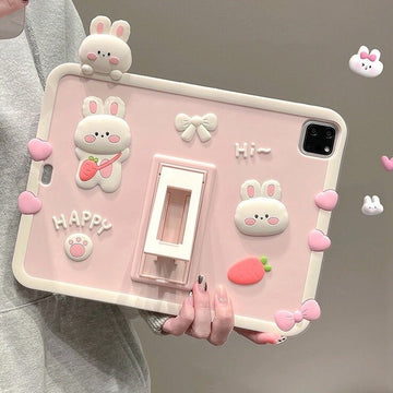 Cute Pink Bunny Carrot Design with Built in Stand Protective Shockproof iPad Case for iPad 2017 2018 2019 2020 2021 2022 Pro Air 1 2 3 4 5