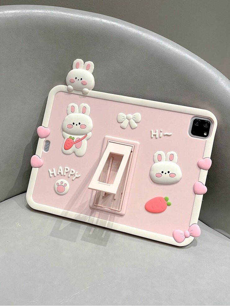 Cute Pink Bunny Carrot Design with Built in Stand Protective Shockproof iPad Case for iPad 2017 2018 2019 2020 2021 2022 Pro Air 1 2 3 4 5