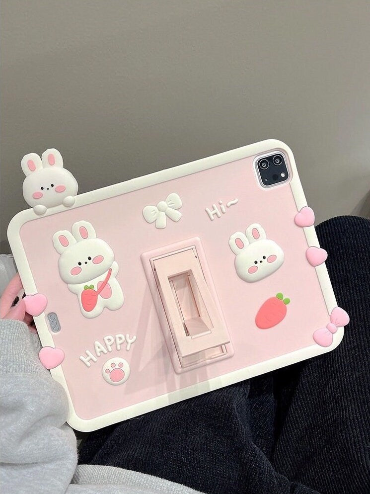 Cute Pink Bunny Carrot Design with Built in Stand Protective Shockproof iPad Case for iPad 2017 2018 2019 2020 2021 2022 Pro Air 1 2 3 4 5