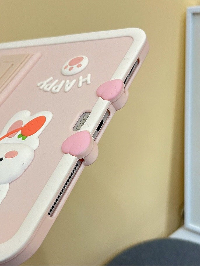 Cute Pink Bunny Carrot Design with Built in Stand Protective Shockproof iPad Case for iPad 2017 2018 2019 2020 2021 2022 Pro Air 1 2 3 4 5