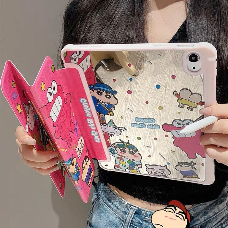 Pink Electroplated Silver Foldable Crayon Shin chan Design Cover Shockproof Case for iPad 2017 2018 2019 2020 2021 2022 Pro Air 1 2 3 4 5