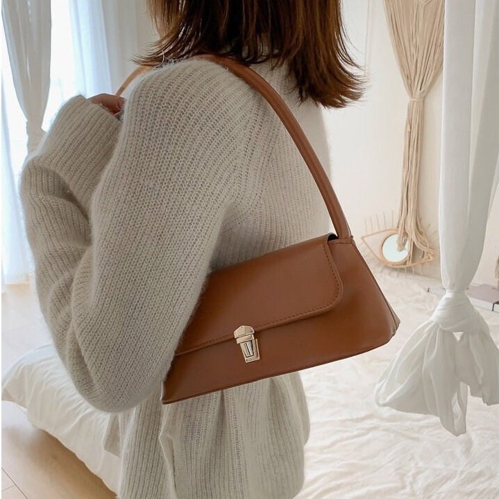 Minimalist Vegan Leather Shoulder Bag, Cute Leather Top Handle Handbag, Luxury Women’s Purse, Evening Bags Clutch, Elegant Leather Baguette