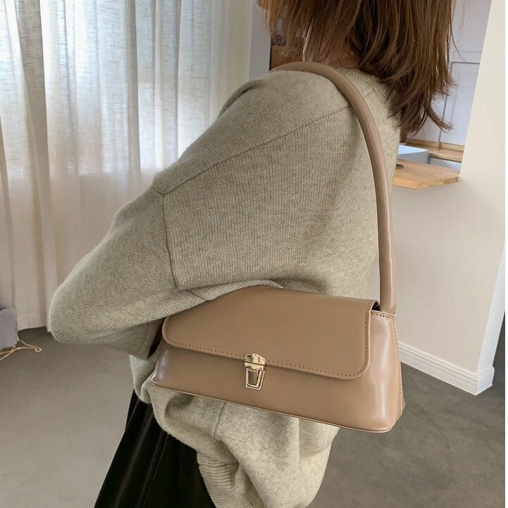 Minimalist Vegan Leather Shoulder Bag, Cute Leather Top Handle Handbag, Luxury Women’s Purse, Evening Bags Clutch, Elegant Leather Baguette
