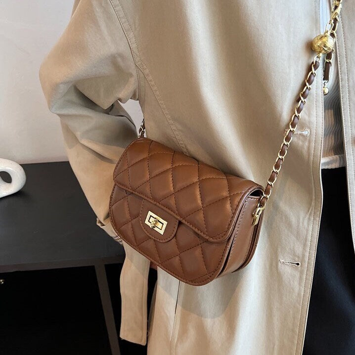 Minimalist Rhombus Leather Bag, Classic Vegan Leaather Bag, Women Retro Shoulder Bag, Small Square Chain Strap Bag, Cute Evening Baguette