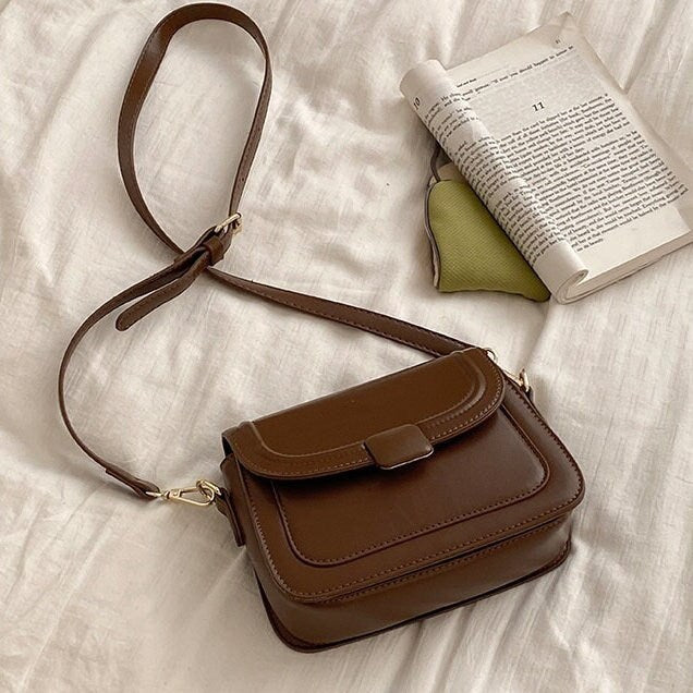 Minimalist Crossbody Mini Bag, Cute Small Square Flap Baguette, Brown Leather Shoulder Bag for Women, Retro Vintage Phone Wallet Handbag