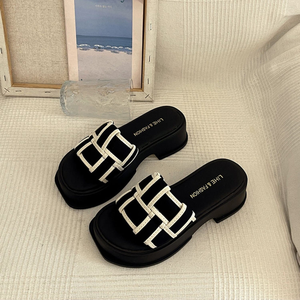 Women’s Platform Slides, Peep Toe Sandals Wedge, Black White Woven Vacation Shoes, Round Head Sandals, Thick Sole Casual Everyday Slippers