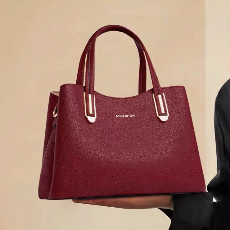 Minimalist Red Genuine Leather Bag, Sleek Elegant Handheld Handbag, Cute Leather Tote Zipper Bag for Women, Luxury Cowhide Crossbody Bag