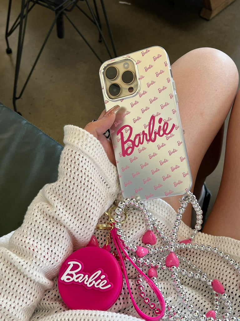 Cute Electroplated Silver Pink Barbie Design with Pearl Crossbody Strap Protective Shockproof iPhone Case for iPhone 11 12 13 14 15 Pro Max