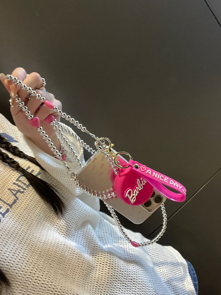Cute Electroplated Silver Pink Barbie Design with Pearl Crossbody Strap Protective Shockproof iPhone Case for iPhone 11 12 13 14 15 Pro Max