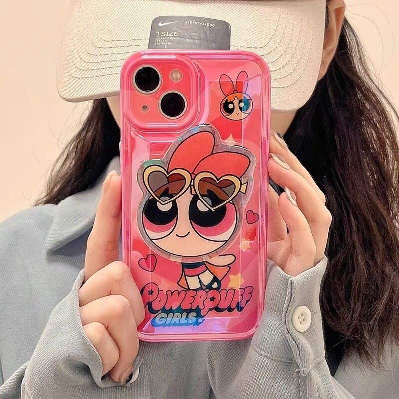Cute Glossy Powerpuff Girls Blossom Bubbles & Buttercup Cartoon Design Protective Shockproof iPhone Case for iPhone 11 12 13 14 15 Pro Max
