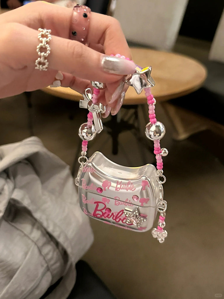 Cute Electroplated Silver Barbie Monogram Pink Print AirPods Case + Ribbon Chain Strap for AirPods 1 2 3 Pro 2 Gen Shockproof AirPods Case
