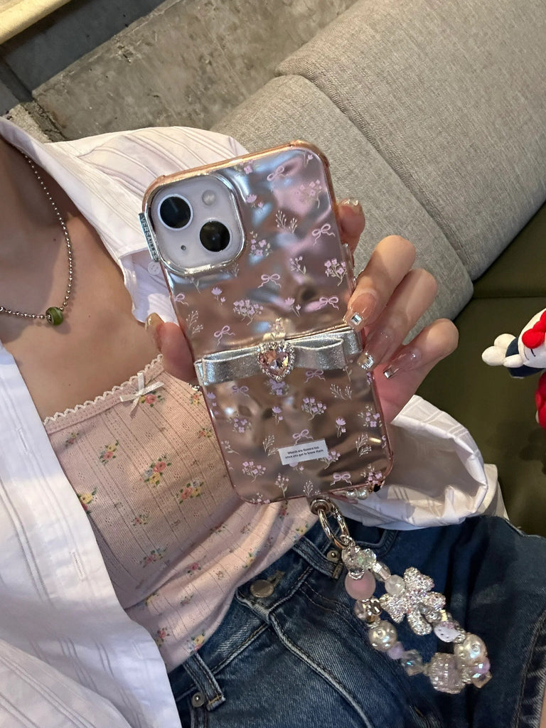 Cute Electroplated Light Pink Floral Ribbon Print Design + Bling Chain Hand Strap Protective iPhone Case for iPhone 11 12 13 14 15 Pro Max