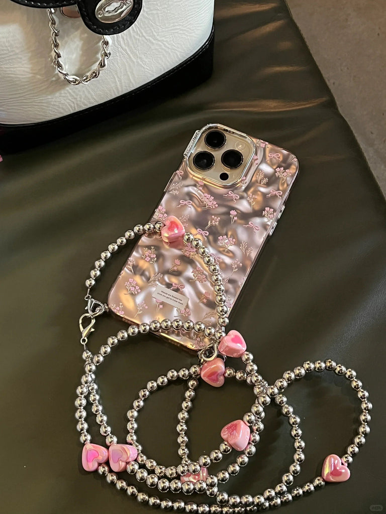 Bling Electroplated Light Pink Floral Ribbon Print Design + Pearl Chain Hand Strap Protective iPhone Case for iPhone 11 12 13 14 15 Pro Max
