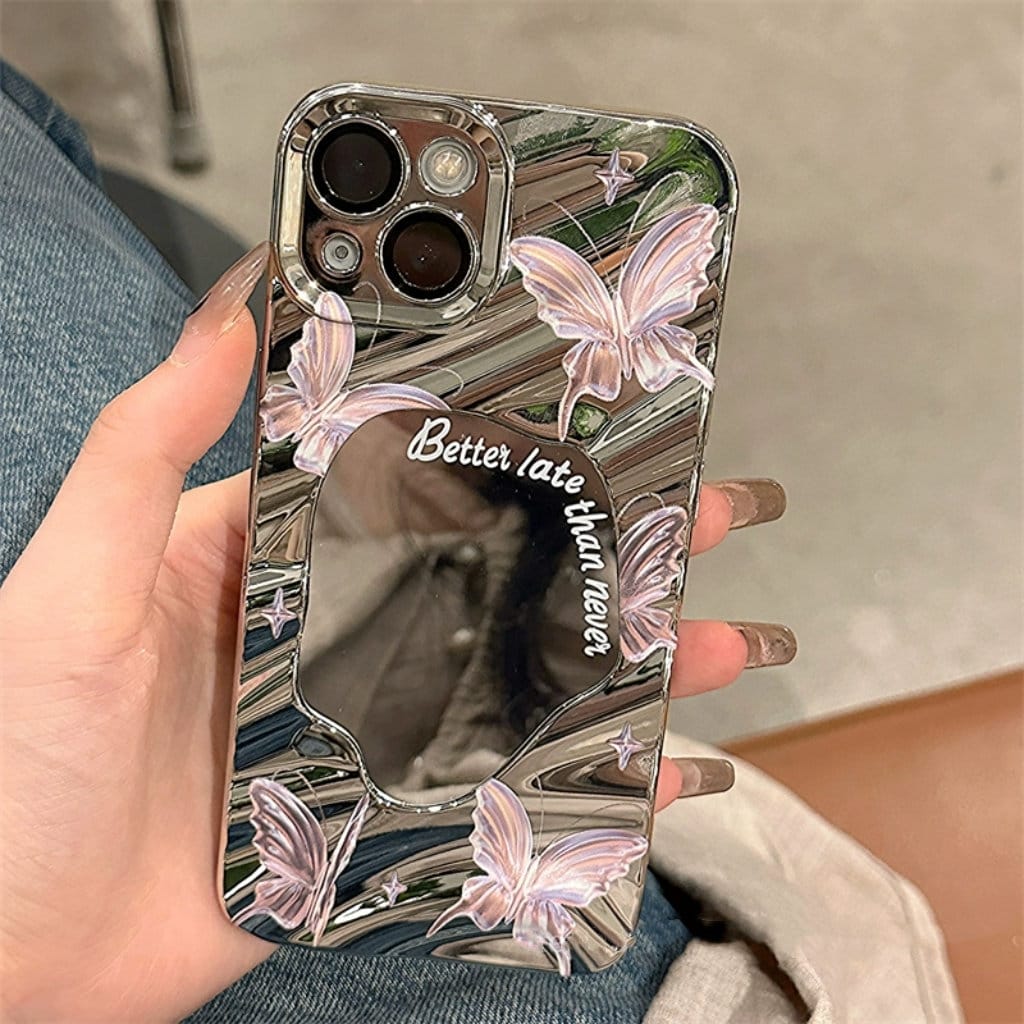 Cute Electroplated Silver 3D Wave Pink Butterfly Print with Beaded Pearl Hand Strap Protective iPhone Case for iPhone 11 12 13 14 15 Pro Max