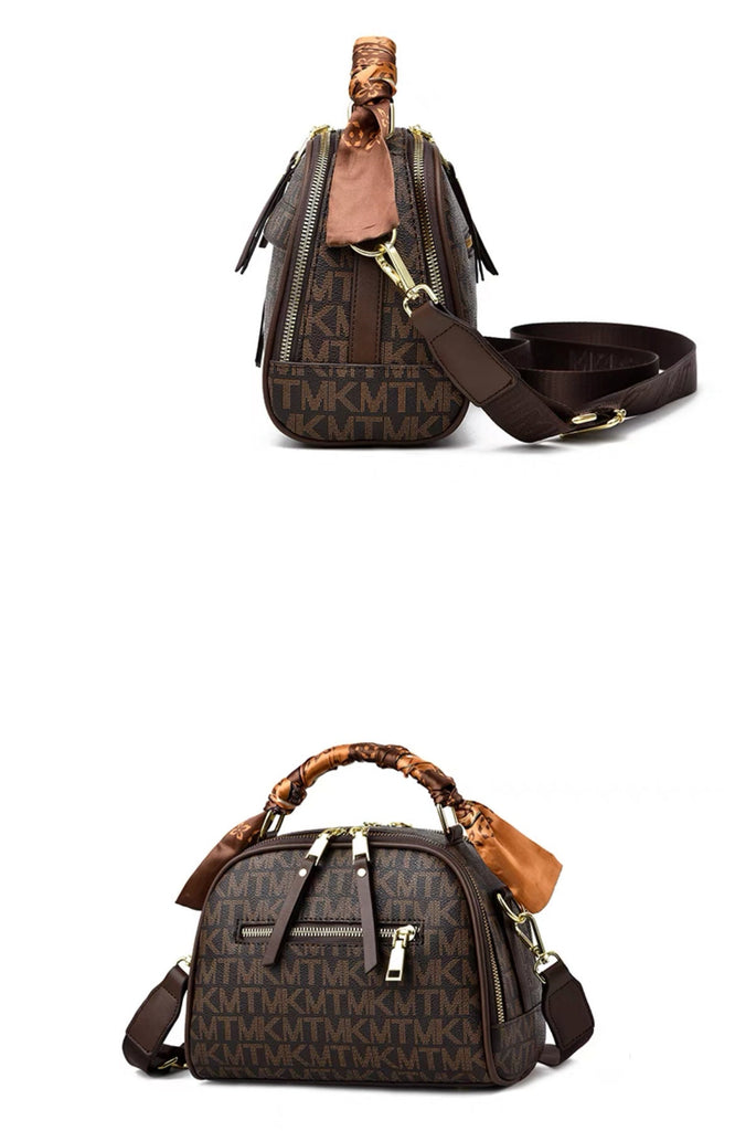 Minimalist Simple Monogram Print Brown Bag, Cute Top Handle Bag, Crossbody Zipper Bag for Women, Multi Pocket Handheld Handbag + Silk Scarf