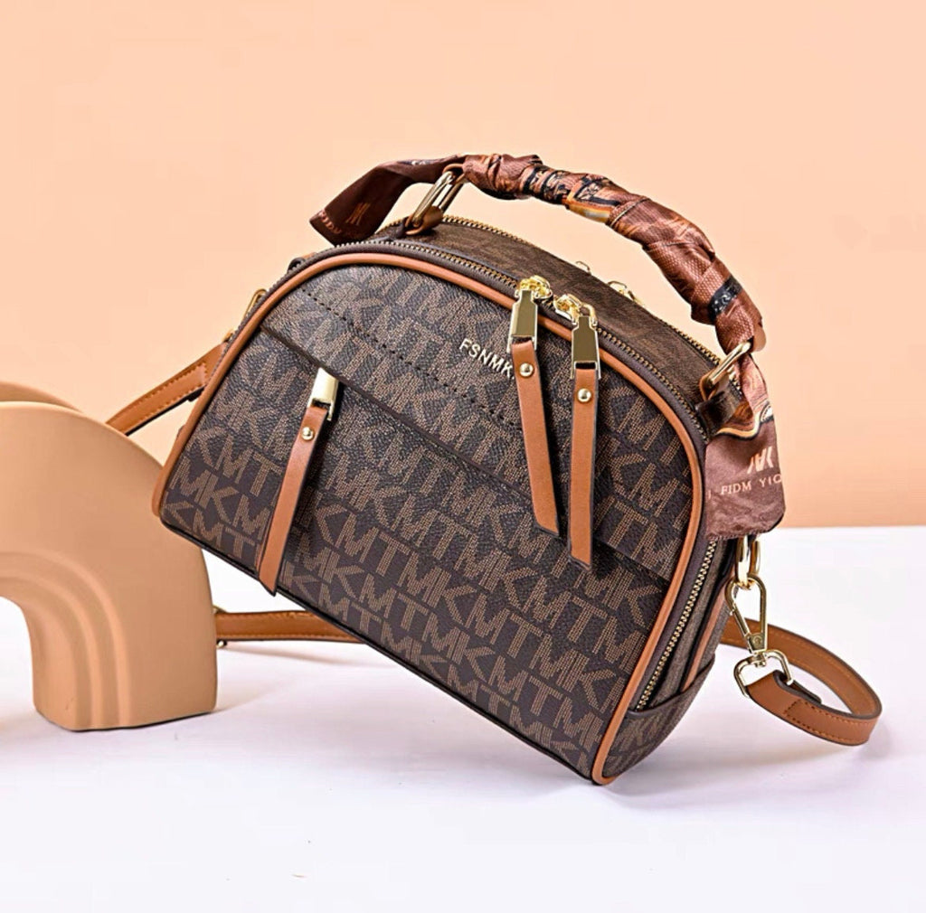 Minimalist Simple Monogram Print Brown Bag, Cute Top Handle Bag, Crossbody Zipper Bag for Women, Multi Pocket Handheld Handbag + Silk Scarf