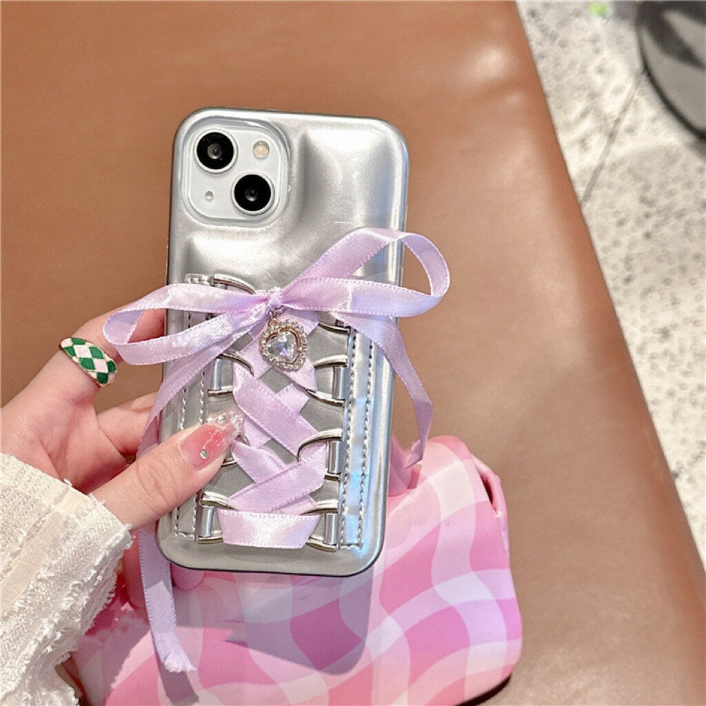 Cute Electroplated Silver Lace Up Ribbon Heart Shaped Bling Gem Design Protective Shockproof iPhone Case for iPhone 11 12 13 14 15 Pro Max