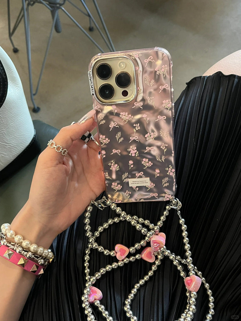 Bling Electroplated Light Pink Floral Ribbon Print Design + Pearl Chain Hand Strap Protective iPhone Case for iPhone 11 12 13 14 15 Pro Max