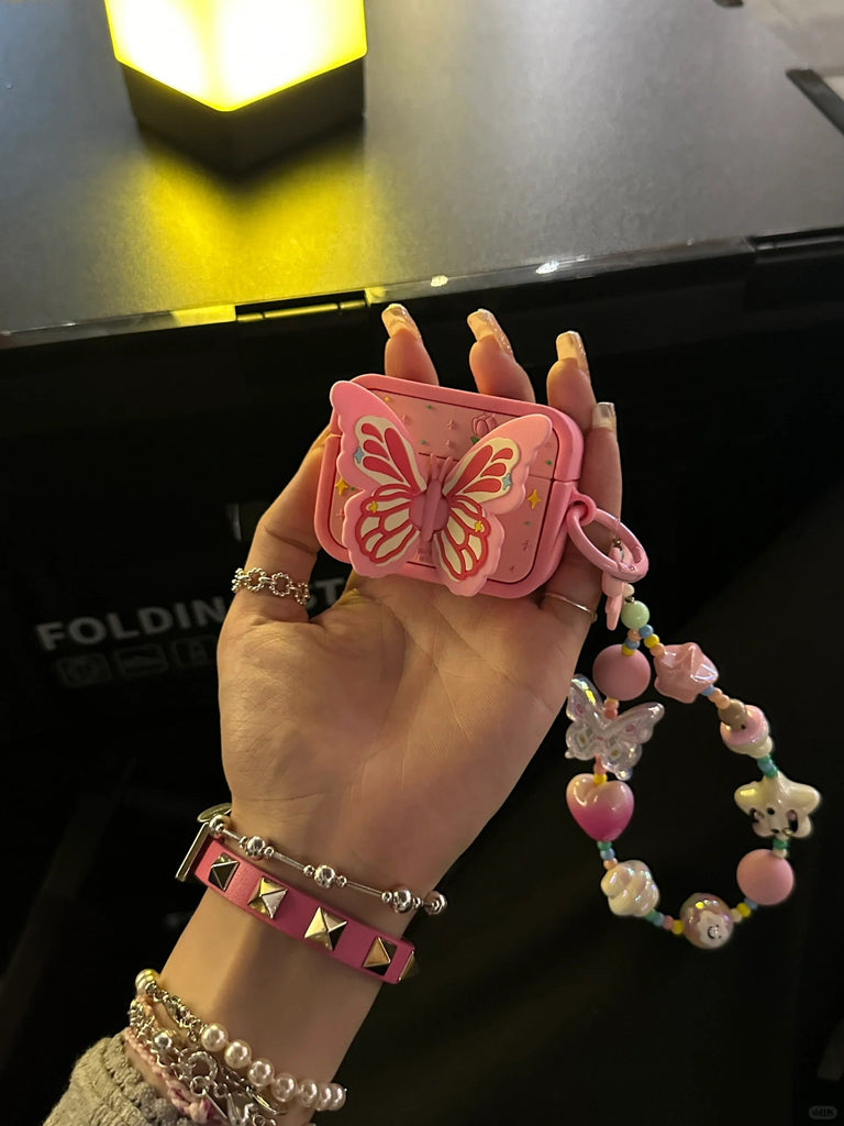 Cute Pink Foldable Butterfly Wings Stand Design Protective Cover AirPods Case + Beads Strap for AirPods 1 2 3 Pro 2 Generation Shockproof