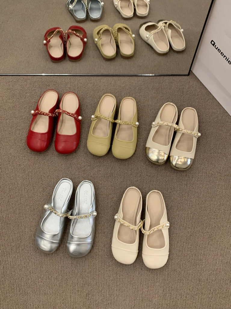 Cute Silver Vegan Leather Slip Ons Ballet Flats for Women, Plain Toe Leather Mary Jane Shoes, Women Retro Vintage Ballerina White Red Shoes