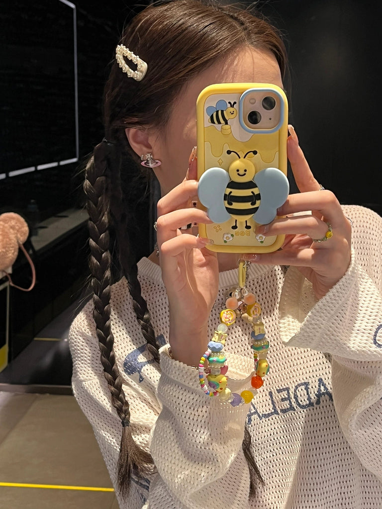 Cute Yellow 3D Foldable Bracket Bee Wings Built in Stand Design Thick Protective + Beaded Strap iPhone Case for iPhone 11 12 13 14 Pro Max