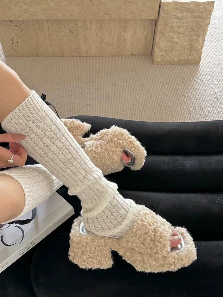 Cute Lambswool Plush Design Heels, Square Head Sandals for Women, Platform High Heels, Thick Sole Square Head Shoes Size 35 36 37 38 39