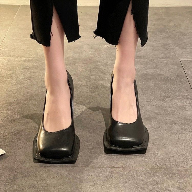 Stylish Square Head High Heels for Women, Black Leather Shoes, Square Toe Mary Jane Pumps, Summer Minimalist Plain Mary Jane Heels