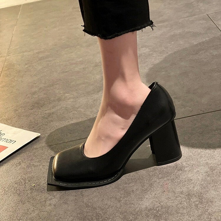 Stylish Square Head High Heels for Women, Black Leather Shoes, Square Toe Mary Jane Pumps, Summer Minimalist Plain Mary Jane Heels