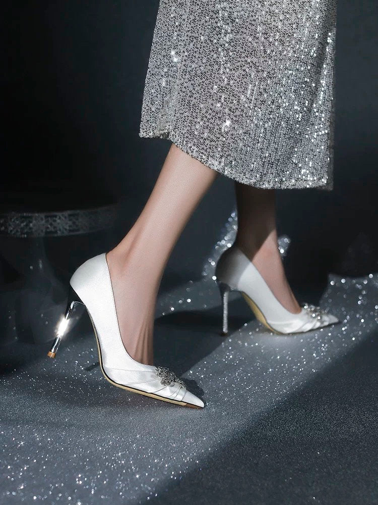 Women Mary Jane Pointed Toe Wedding Heels Pumps | Elegant Black White High Heels for Brides | Engagement Bling Jewel Ornament Decor Shoes