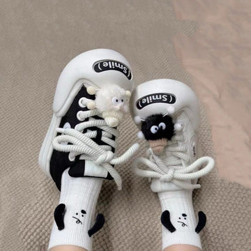 Casual Black & White Canvas Sneakers, Cute Round Head Unisex Shoes, Thick Shoe Lace with Charms Sneakers for Men and Women, Everyday Flats