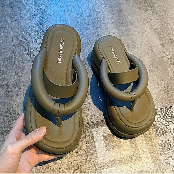 Women’s Split Toe Platform Slippers, Thick Sole Round Head Sandals, Open Toe Chunky Sole Slides, Thick Strap Band Flip Flop Creepers