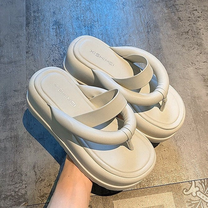 Women’s Split Toe Platform Slippers, Thick Sole Round Head Sandals, Open Toe Chunky Sole Slides, Thick Strap Band Flip Flop Creepers