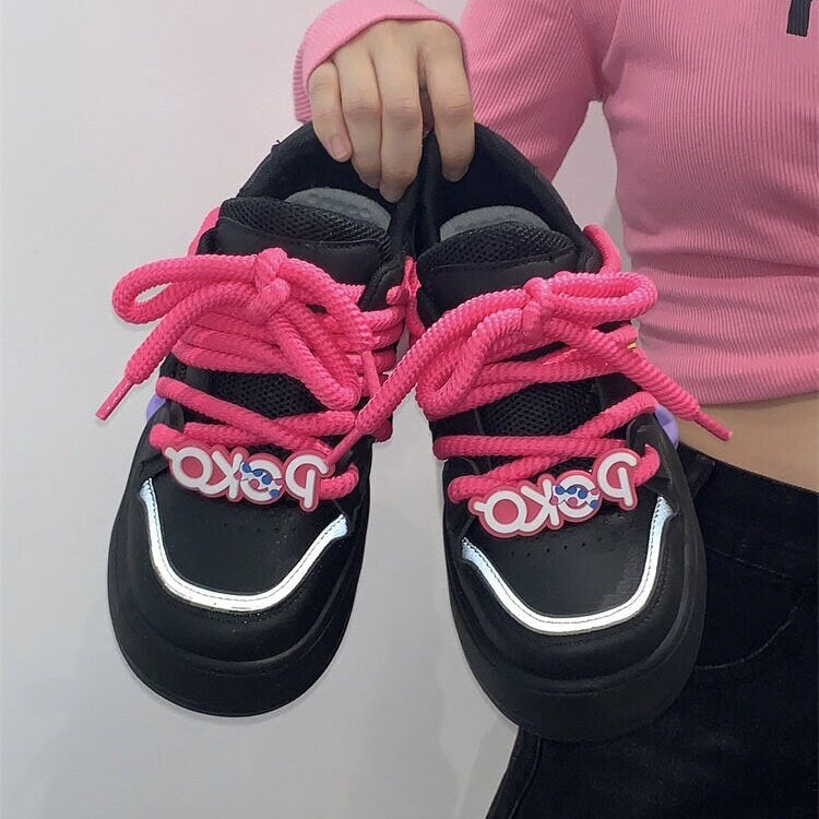 Stylish Black Pink Low Flats, Women’s Thick Lace Sneakers, Round Head Lace Up Shoes, Cute Platform Running Shoes, Athletic Skater Girl Shoes