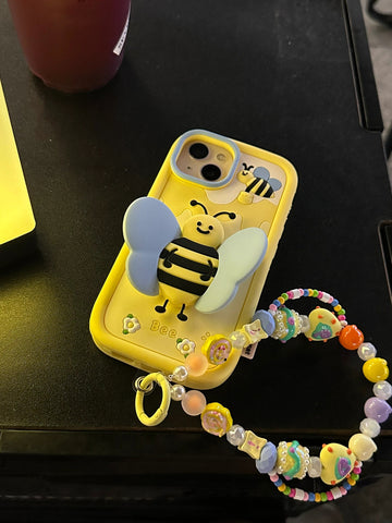 Cute Yellow 3D Foldable Bracket Bee Wings Built in Stand Design Thick Protective + Beaded Strap iPhone Case for iPhone 11 12 13 14 Pro Max