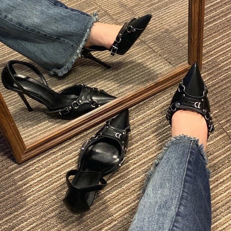 Women Pointed Toe Heels Pumps | Elegant Black Sling Back High Heels Pumps | Plain Toe Leather Heels | Stylish Fashion Party Point Shoes