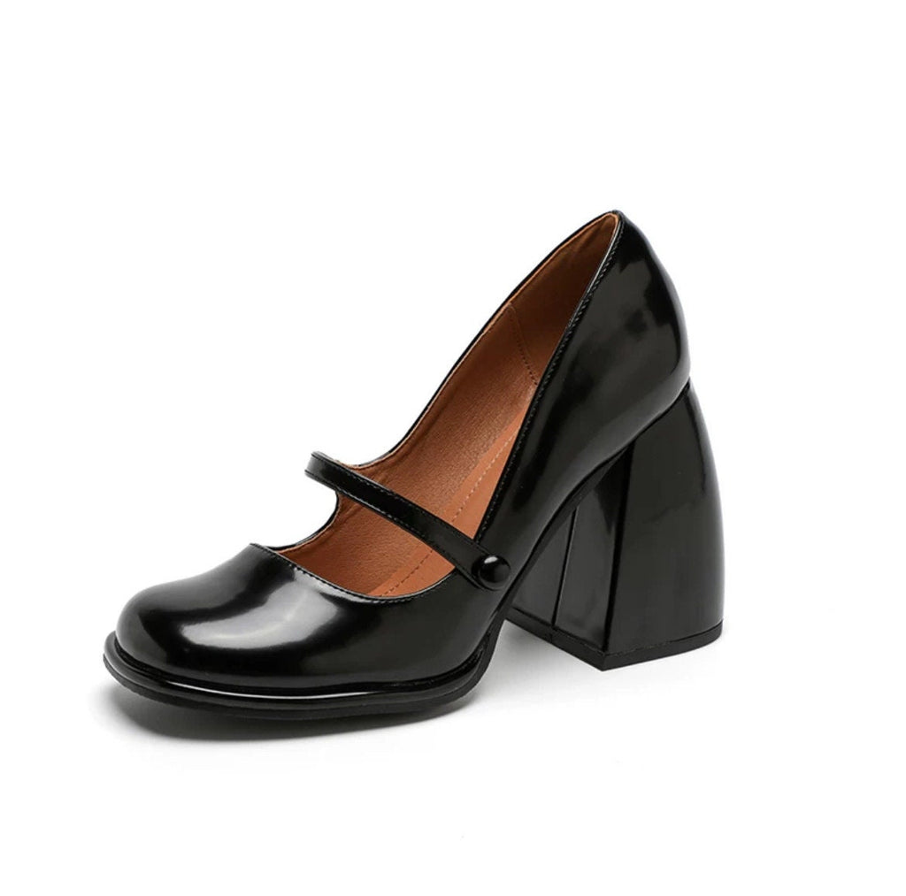 Women Mary Jane Round Toe Thick Heels Pumps | Elegant Black Pink Yellow Front Strap Mary Jane High Heels | Platform Heel Plain Toe Shoes
