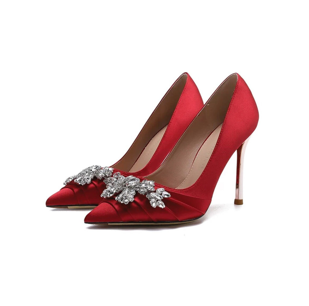 Women Mary Jane Pointed Toe Wedding Heels Pumps | Elegant Black White High Heels for Brides | Engagement Bling Jewel Ornament Decor Shoes