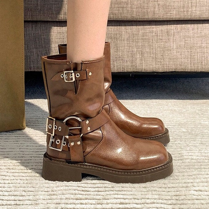Retro Brown Boots, Multi Strap Heeled Boots, Cowboy Boots, PU Leather Boots, Ankle Boots for Women, Winter Spring Fall Square Head Boots