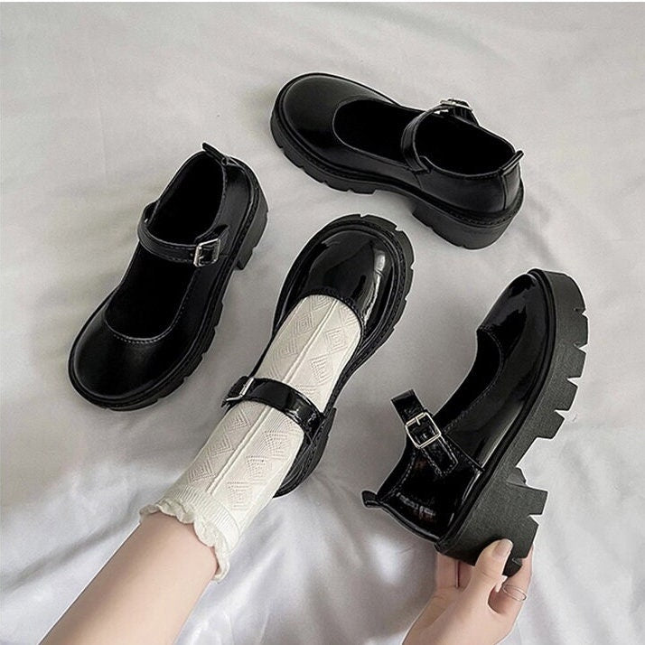 Solid Mary Jane Shoes, Lolita Leather Low Heels, Front Strap Buckle Creepers for Women, Round Toe Mary Janes, Black Patent Leather Shoes
