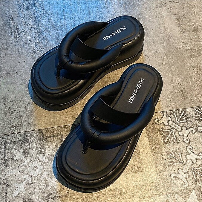 Women’s Split Toe Platform Slippers, Thick Sole Round Head Sandals, Open Toe Chunky Sole Slides, Thick Strap Band Flip Flop Creepers