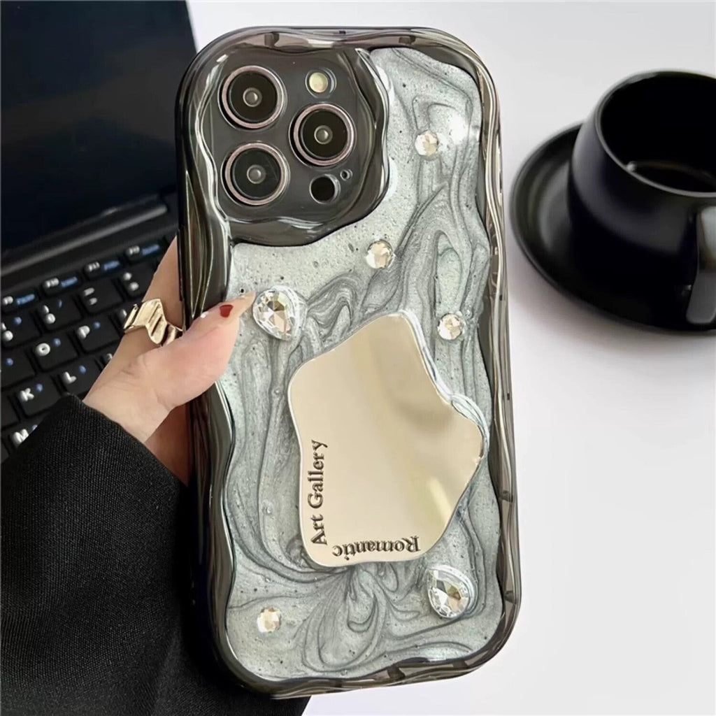 Cute Grey Ink Painting Diamond Rhinestone Studded with Mini Mirror Protective Shockproof iPhone Case for iPhone 11 12 13 14 15 Plus Pro Max