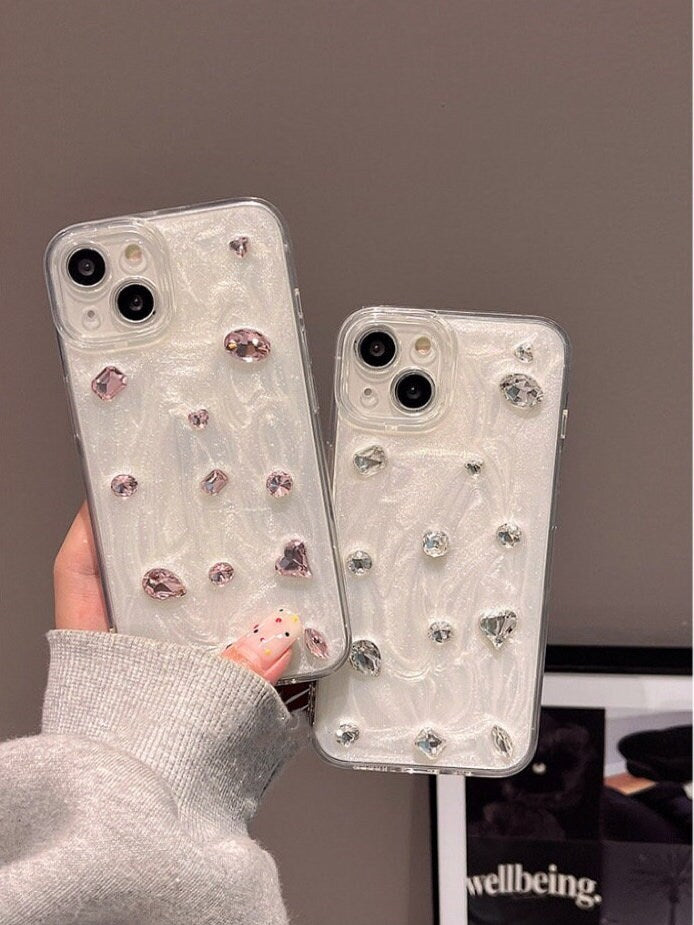 Cute Solid White Pearlescent Diamond Rhinestone Studded Bling Glam Protective Shockproof iPhone Case for iPhone 11 12 13 14 15 Plus Pro Max