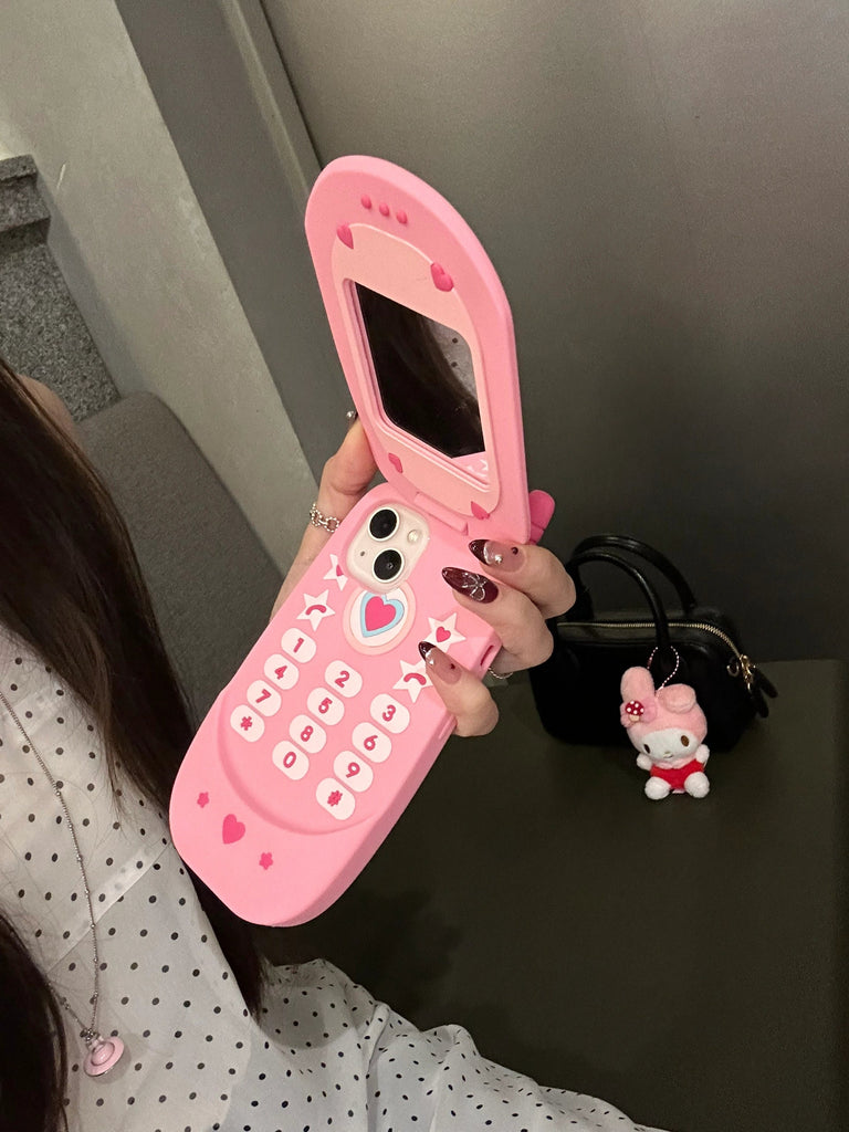 Cute Kawaii Pink Flip Phone Heart Design Protective Shockproof Phone Case with Foldable Stand for iPhone 11 12 13 14 15 Pro Max