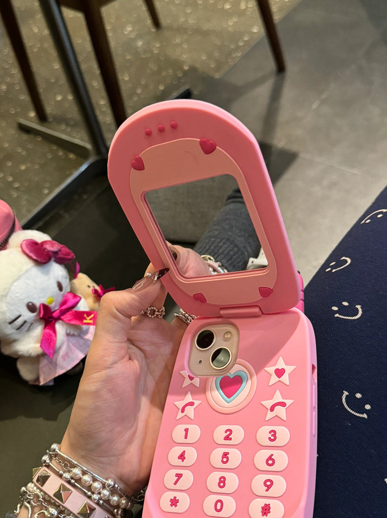 Cute Kawaii Pink Flip Phone Heart Design Protective Shockproof Phone Case with Foldable Stand for iPhone 11 12 13 14 15 Pro Max