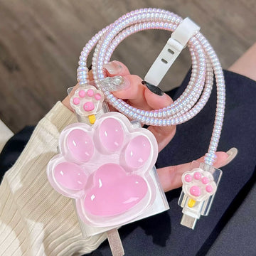 Cute Solid 3D Pink & White Paw Print Design Protective Shockproof iPhone Charger Case + Holographic Cable Wire Cover for Charger Longevity