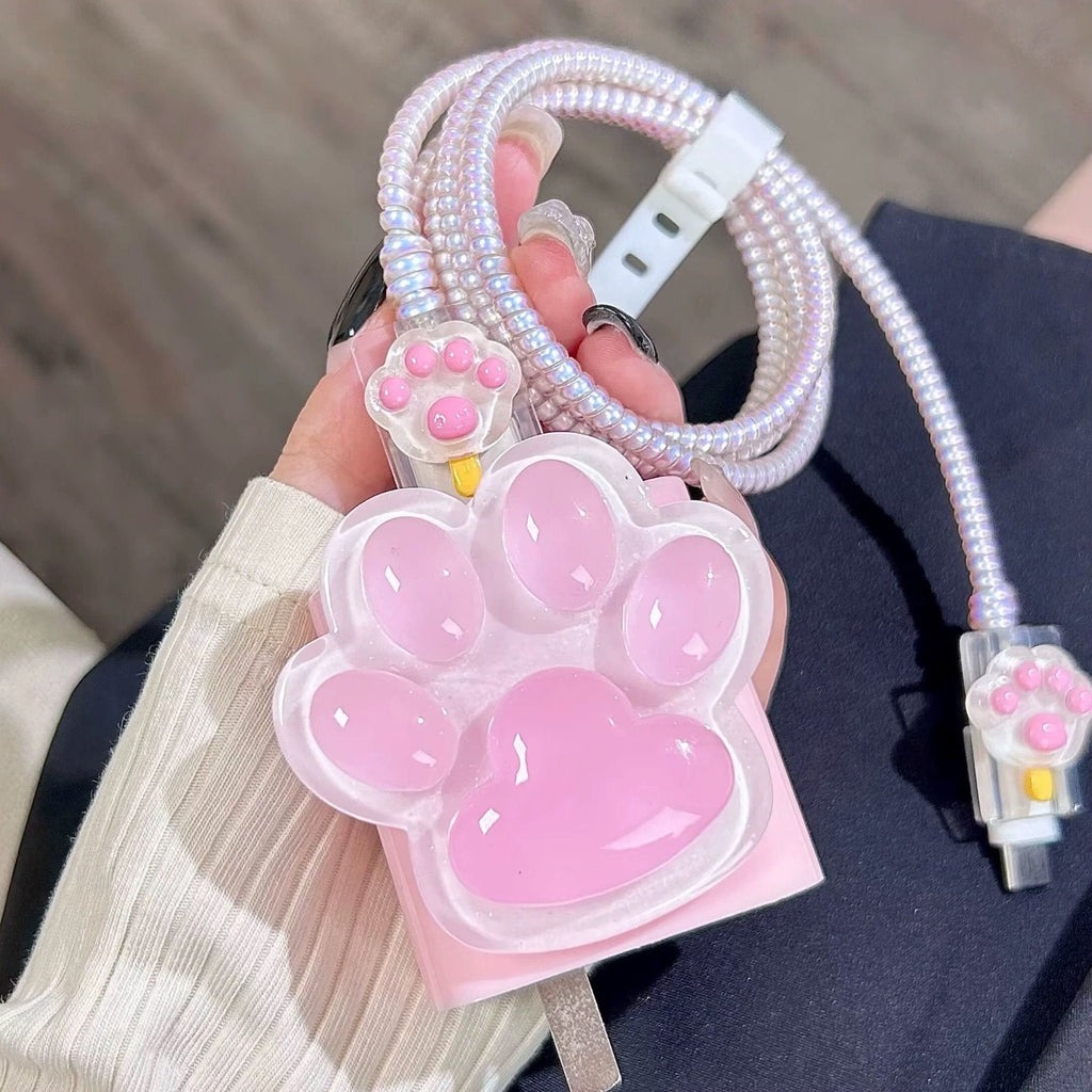 Cute Solid 3D Pink & White Paw Print Design Protective Shockproof iPhone Charger Case + Holographic Cable Wire Cover for Charger Longevity
