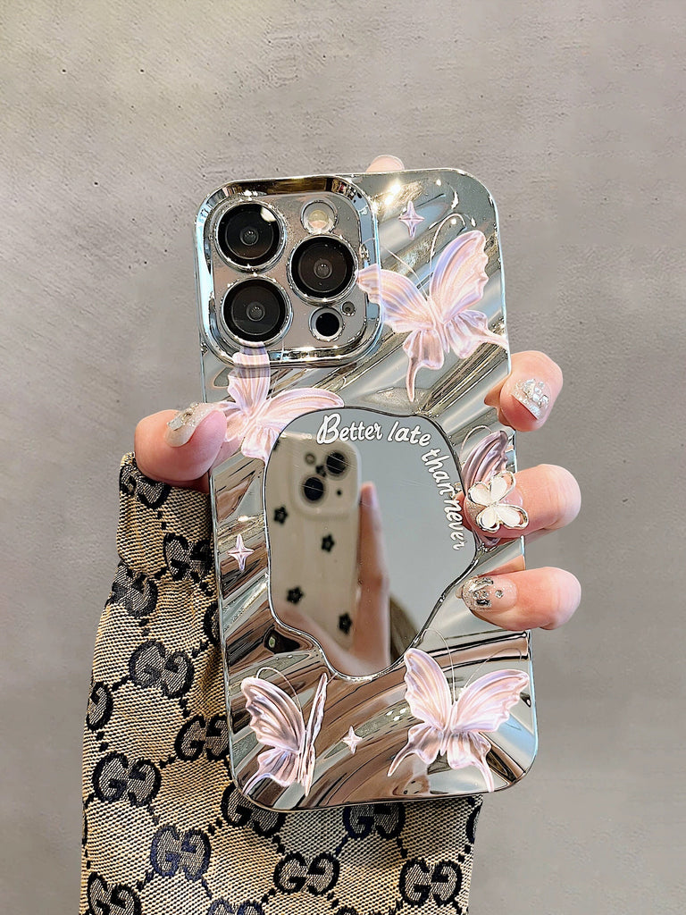 Cute Silver 3D Water Ripple Wave with Pink Bow Ribbon Decor Design Protective Shockproof iPhone Case for iPhone 11 12 13 14 15 Plus Pro Max