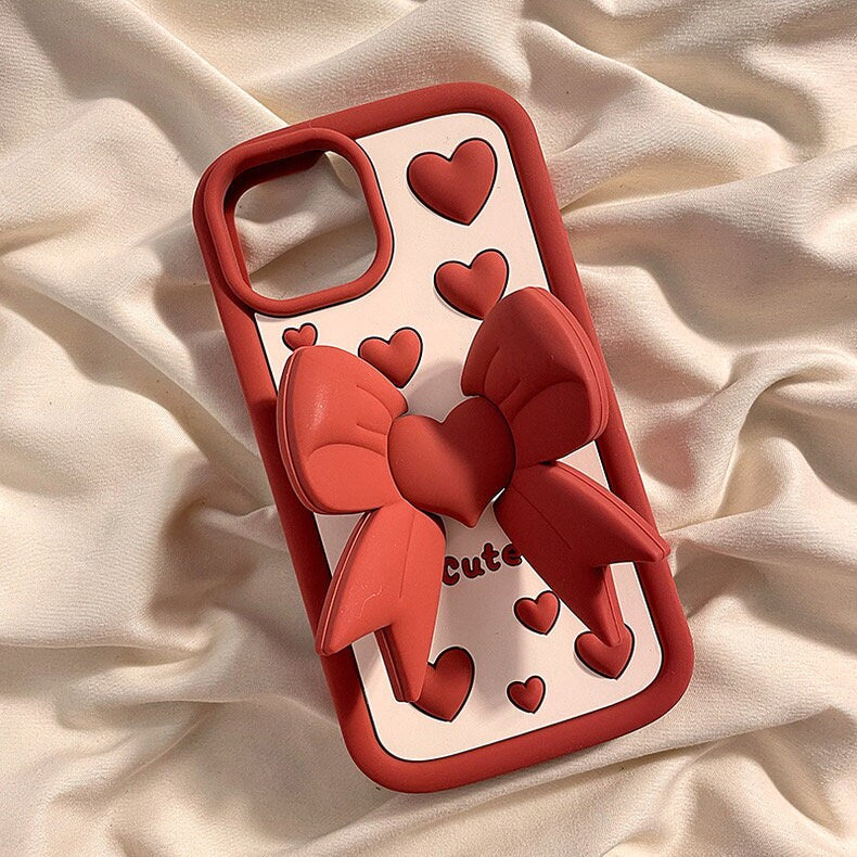 Cute Polka Hearts Design with a Foldable Ribbon Shaped Stand Thick Protective Shockproof iPhone Case for iPhone 11 12 13 14 15 Plus Pro Max