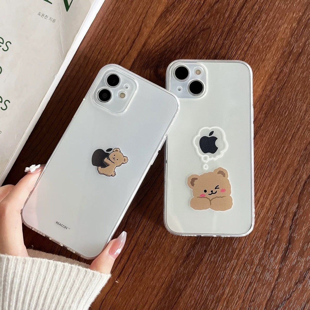 Cute Clear Transparent Brown Kawaii Cartoon Bear Protective Shockproof Anti-Fall iPhone Case for iPhone 11 12 13 14 15 Plus Pro Max