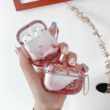 Cute Liquid Glitter Plastic Protective Cover AirPods Case + Silver Chain Strap for AirPods 1 2 3 Pro 2 Generation Shockproof AirPods Case
